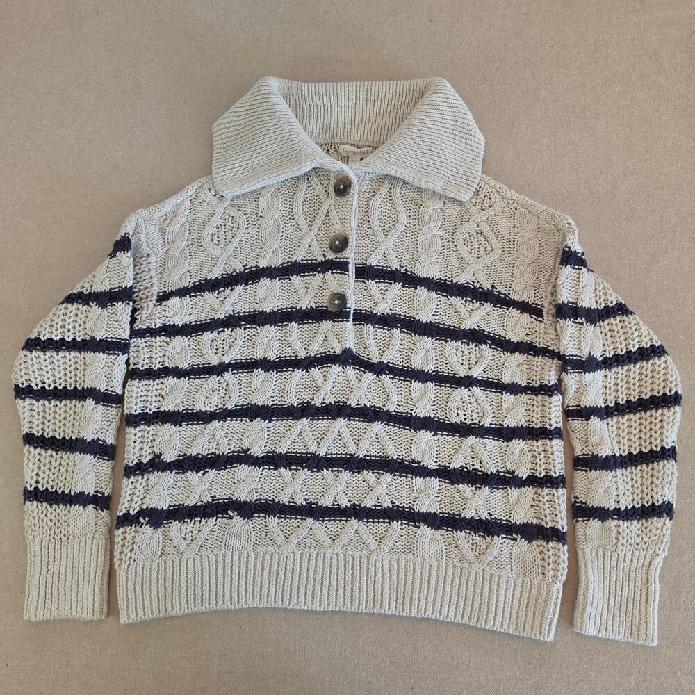 Garnet Hill Striped Knit Linen & Cotton Sweater Cream & Navy Sz Small